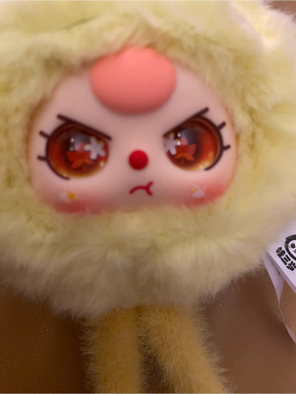 Yellow Fuzzy Plush Face Doll with Big Embellished Eyes for phone